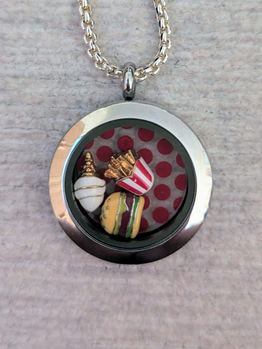 Origami Owl Silver Floating Locket Necklace with Burger, Fries, Ice Cream Charms